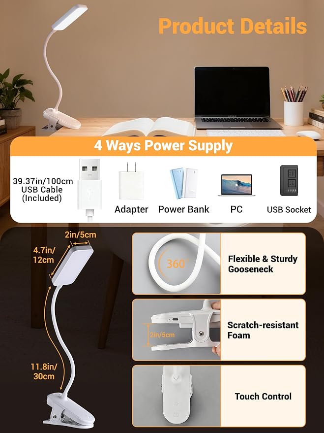Clip on Lamp,9 Brightness+5 Color Clamp Light,4000mAh Battery Rechargeable Desk Lamp with Clamp,450 Lumen 48 LED Desk Light,Cordless Reading Lights for Books in Bed/Headboard/Bedside Table/Dorm Room