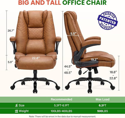 500lbs Big and Tall Office Chair with Inflatable Lumbar Support, Rubber Wheels Executive Chair with Rocking Function, High Back Wide Cushion Leather Ergonomic Computer Desk Chair for All-Day Sitting