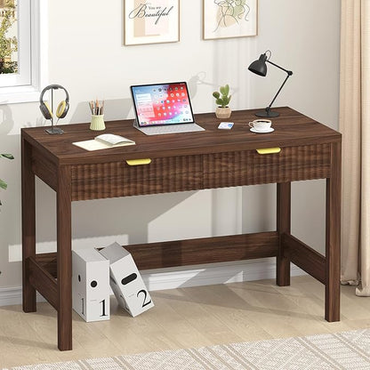 YOMILUVE Fluted Computer Desk with 2 Drawers, 39 Inch Small Computer Desk with Storage, Compact Writing Study Desk for Small Spaces, Walnut