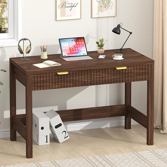 YOMILUVE Fluted Computer Desk with 2 Drawers, 39 Inch Small Computer Desk with Storage, Compact Writing Study Desk for Small Spaces, Walnut