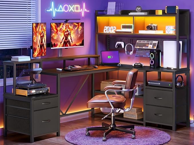 RALGEND 75" L Shaped Gaming Desk with Drawers, Computer Corner Desk with Storage Shelves for Home Office, Gaming Desk with Monitor Stand, Hutch, LED Light & Power Outlet, Black