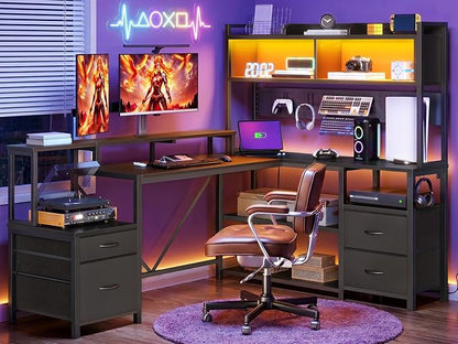 RALGEND 75" L Shaped Gaming Desk with Drawers, Computer Corner Desk with Storage Shelves for Home Office, Gaming Desk with Monitor Stand, Hutch, LED Light & Power Outlet, Black