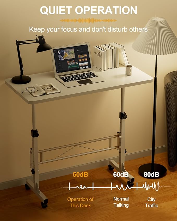 Amztabler Small Standing Desk Adjustable Height, Mobile Stand Up Desk with Wheels, 32 Inch Portable Rolling Desks Conference Room Tables for Walking Pad Treadmill White