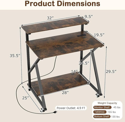 Giantex Rolling Small Desk with Storage, Compact Computer Desk for Small Spaces with Charging Station, Monitor Stand, Lockable Wheels, Study Writing Desk for Home Office, Bedroom (Rustic Brown)