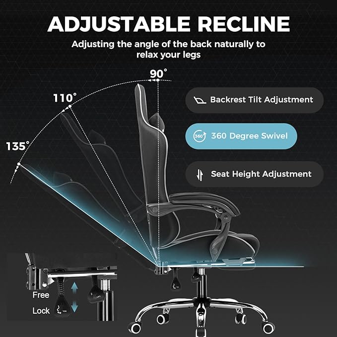 GTPLAYER Gaming Chair, Computer Chair with Footrest and Lumbar Support, Height Adjustable Game Chair with 360°-Swivel Seat and Headrest and for Office or Gaming (Faux Leather, Black)