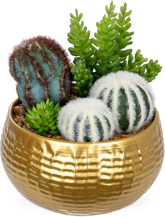 Oairse Artificial Cactus Plants Indoor, 7" Assorted Small Faux Succulent in Pots Fake Potted Desk Plant with Gold Bowl Mini Succulents Artificial Cactus Decor for Home Office Bathroom Table Shelf