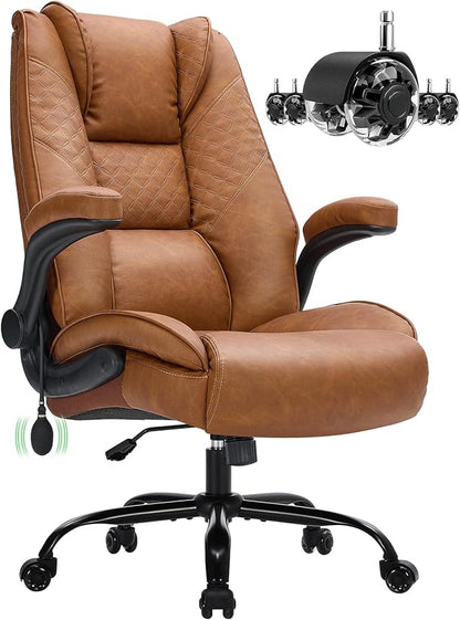 500lbs Big and Tall Office Chair with Inflatable Lumbar Support, Rubber Wheels Executive Chair with Rocking Function, High Back Wide Cushion Leather Ergonomic Computer Desk Chair for All-Day Sitting
