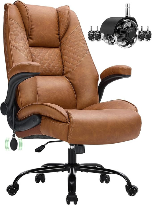 500lbs Big and Tall Office Chair with Inflatable Lumbar Support, Rubber Wheels Executive Chair with Rocking Function, High Back Wide Cushion Leather Ergonomic Computer Desk Chair for All-Day Sitting