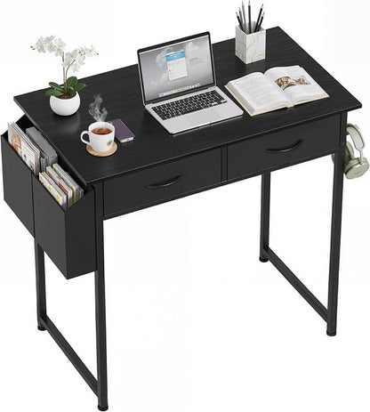 OLIXIS 32 Inch Small Desk with Fabric Drawers for Home Office, Gaming Computer Desk with Side Bag & Headphone Hook, Writing Study Work Table for Bedroom Small Space, Sleek Black