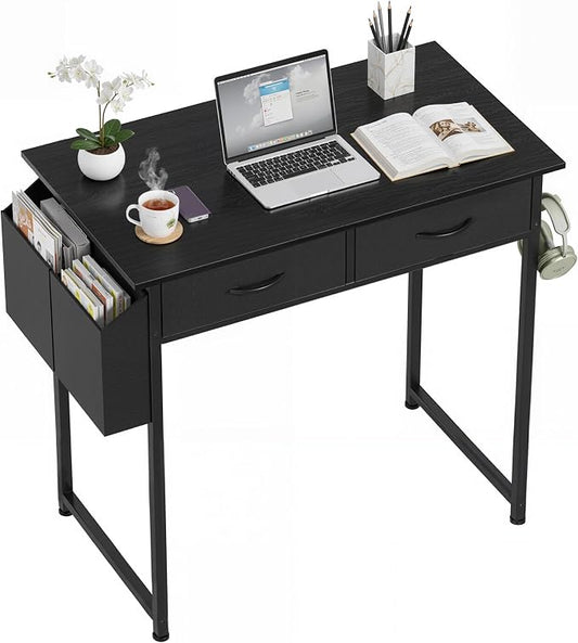 OLIXIS 32 Inch Small Desk with Fabric Drawers for Home Office, Gaming Computer Desk with Side Bag & Headphone Hook, Writing Study Work Table for Bedroom Small Space, Sleek Black