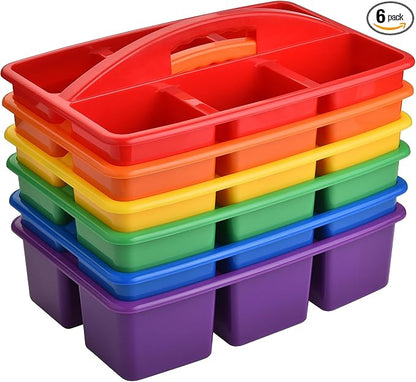 ALINK Plastic Classroom Caddy with 6 Compartments, 6-Pack Teacher Supply Storage Caddy Organizer for Classroom Supply, Office, Table, Desk, Craft Art, Pencil, Crayon, Marker - Assorted Colors