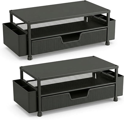 ECOLOVI Desk Organizer and Accessories, 2-Tier Computer Monitor Stand Rise with Storage Drawer & 2 Pen Holders, Laptop & Printer Stand for Desktop, Workspace Organizers for Office Supplies (Black 2-Pack))