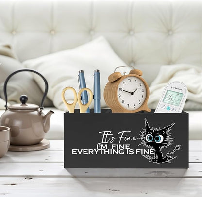 Funny Cute Black Cat Pencil Pen Holder for Desk, I'm Fine Everything Is Fine Wooden Pencil Holder Organizer for Home Office Desk Accessories, Funny Office Gifts for Coworkers, funny cat gifts