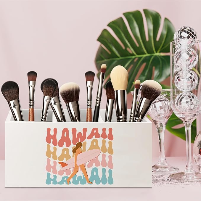 Hawaii Aloha Surf Girl Beach Wooden Pen Pencil Holder for Office Desk Accessories, Gifts for Beach Lovers Surf Enthusiasts Surfers Makeup Brush Toothbrush Holder Organizer
