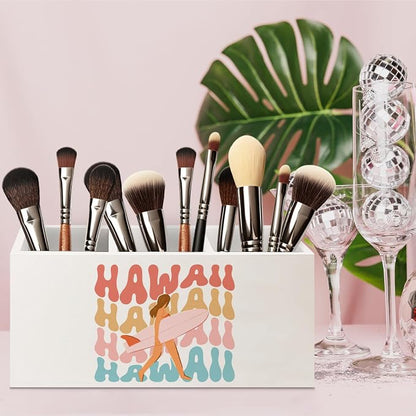 Hawaii Aloha Surf Girl Beach Wooden Pen Pencil Holder for Office Desk Accessories, Gifts for Beach Lovers Surf Enthusiasts Surfers Makeup Brush Toothbrush Holder Organizer