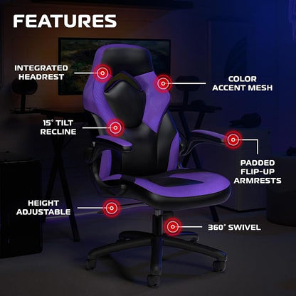 RESPAWN 3085 Ergonomic Gaming Chair for Adults, High Back Office Chair with Headrest and Flip Up Arms, Leather Racing Style Gaming Seat with Lumbar Support, Video Game Computer Desk Seat - Purple