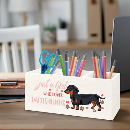 Dachshund Lover Gifts for Women Girls Wooden Pen Pencil Holder for Office Desk Accessories, Just a Girl Who Loves Dachshund Makeup Brush Toothbrush Holder Organizer for Bathroom