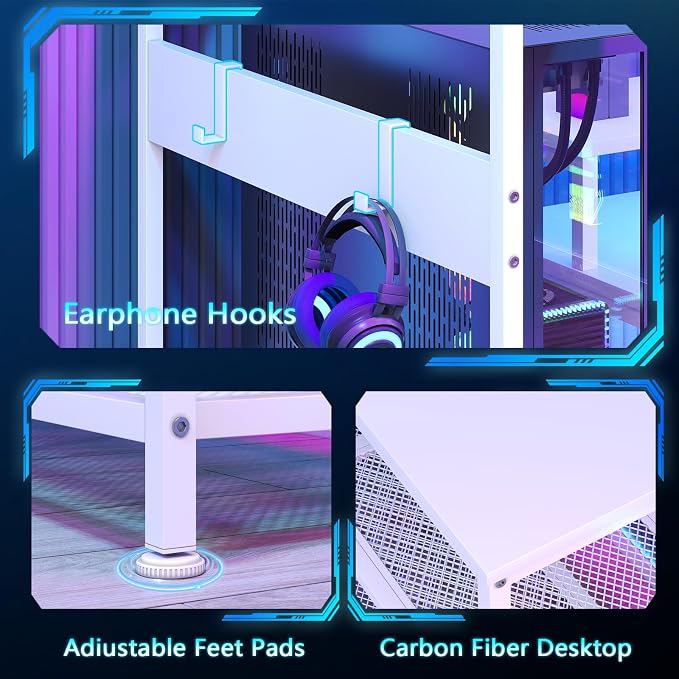 YOMILUVE White Gaming Desk with Drawers & Storage Shelves, L-Shaped Gaming Desk with Power Outlets & LED Light, Reversible Computer Desk with Monitor Stand & Hooks for Home Office