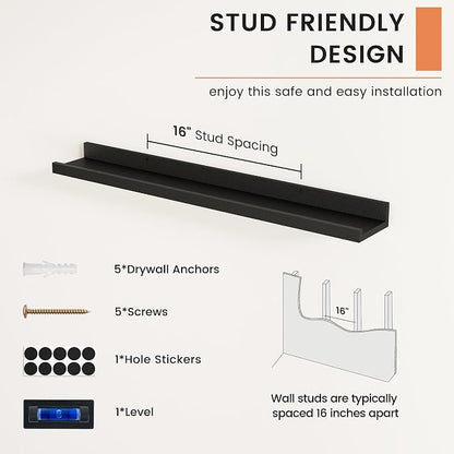 FLYJOE Picture Ledge Shelf, Floating Shelves Set of 2, 32 Inches Nursery Book Shelves for Toys Storage, Kids Bookshelf Wall Mounted for Living Room Bedroom Decor Books Photo Frames, Black