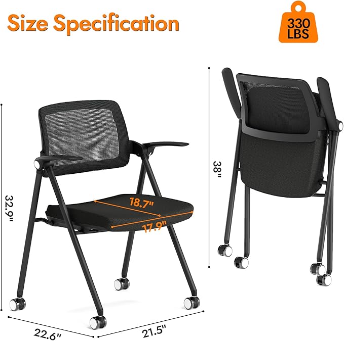 Stackable & Foldable Office Chair Set of 2, Folding Desk Chair with Flip-Up Armrest, Breathable Mesh, Thick Seat Cushion & Rocking Backrest, Conference Room Chair with Wheel (Black)