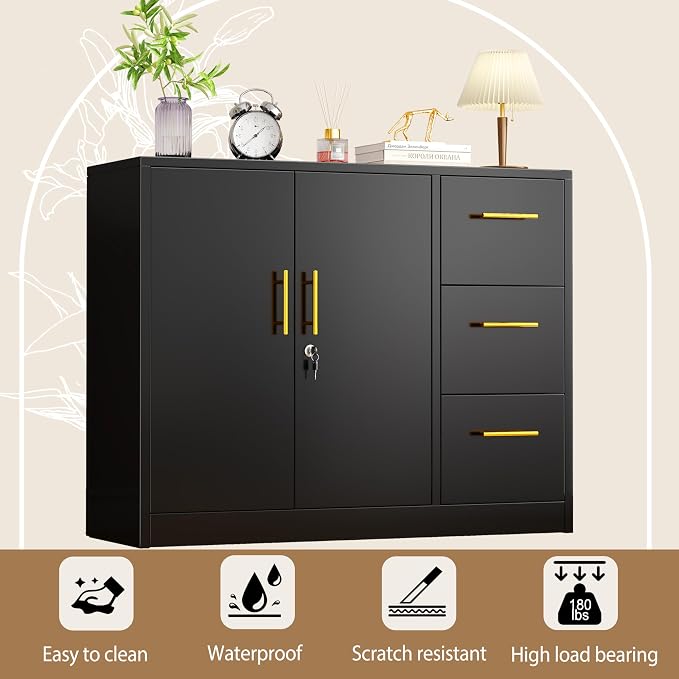 pozdeg Buffet Sideboard Cabinet with Storage, 36.61" H Kitchen Storage Pantry Cabinet with 3 Drawers, Metal Cupboard Coffee Bar Station Table for Kitchen, Living Room, Dining Room (Black)