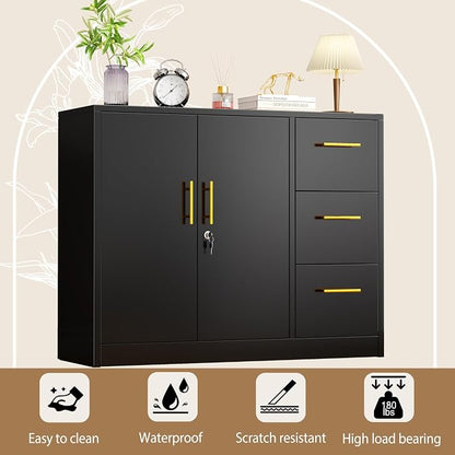 pozdeg Buffet Sideboard Cabinet with Storage, 36.61" H Kitchen Storage Pantry Cabinet with 3 Drawers, Metal Cupboard Coffee Bar Station Table for Kitchen, Living Room, Dining Room (Black)