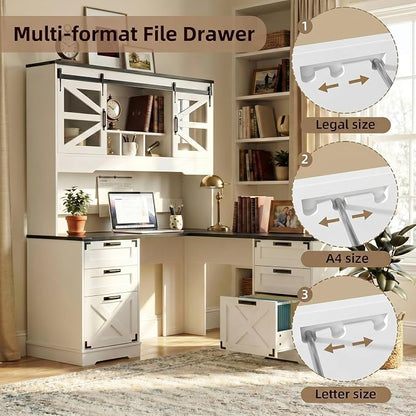 VOWNER Farmhouse L Shaped Executive Desk with Hutch and 6 Drawer, 57" Home Office Desk with Power Outlet and 2 File Drawers, Corner Computer Desk with Storage Shelves and Sliding Door for Home Office