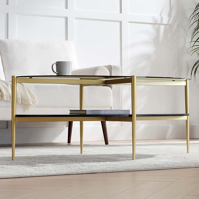 LumFurn Oval Glass Coffee Table, Mid-Century Modern Design, L43 x W22 x H17 inch, Surfboard Shaped Grey Glass Top and Black Marble Finish Wood Shelf, Tapered Legs with Gold Finish Frame