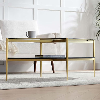 LumFurn Oval Glass Coffee Table, Mid-Century Modern Design, L43 x W22 x H17 inch, Surfboard Shaped Grey Glass Top and Black Marble Finish Wood Shelf, Tapered Legs with Gold Finish Frame