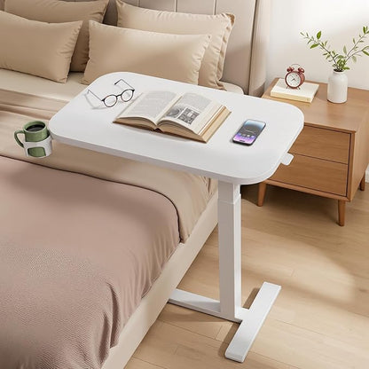 Marsail 28×16" Overbed Table with Wheels and 360° Cup Holder, Height-Adjustable Pneumatic Bedside Table, Mobile Computer Standing Desk for Home Office, White