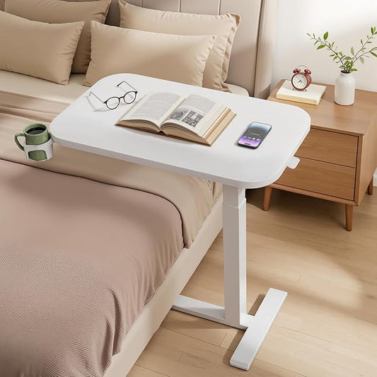 Marsail 28×16" Overbed Table with Wheels and 360° Cup Holder, Height-Adjustable Pneumatic Bedside Table, Mobile Computer Standing Desk for Home Office, White