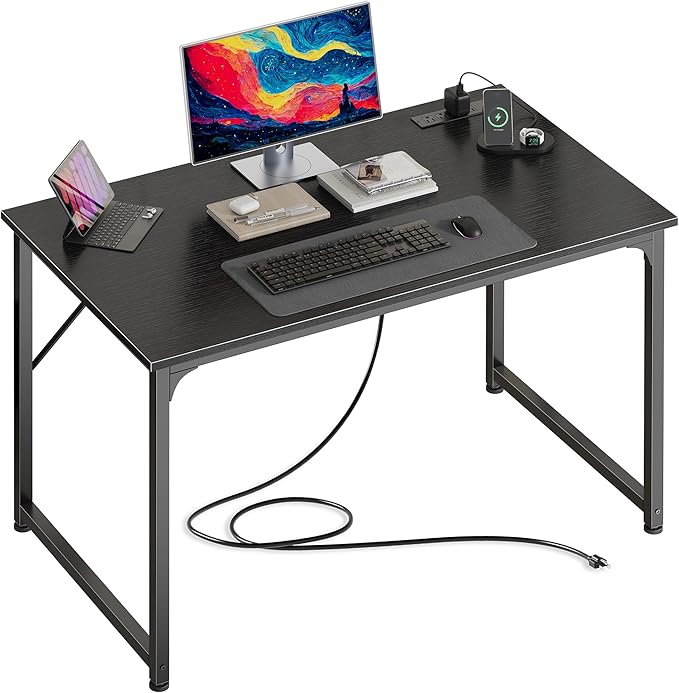 PRAISUN 40 X 24 Inch Computer Desk with Power Outlets & USB-C Port, Office Desk with Deeper Desktop, Study, Bedroom, Writing Work from Home Table, Metal Frame, Black