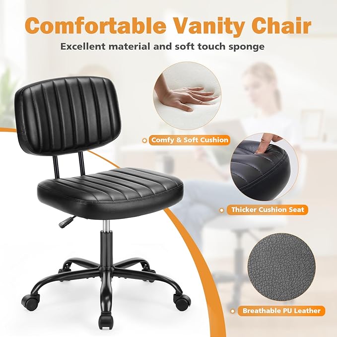 Sweetcrispy Small Office Desk Chair, Armless PU Leather with Comfy Lumbar Support, Height Adjustable Rolling Swivel Task for No Arms, for Adult, Student, Bedroom, Home, Vanity, Black