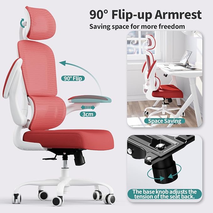 TRALT Office Chair Ergonomic Desk Chair, 330 LBS Home Mesh Office Desk Chairs with Wheels, Comfortable Gaming Chairs (Red)