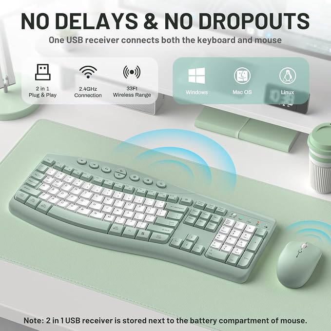 Wireless Keyboard and Mouse Combo,2.4G Full Size Ergonomic Curved Silent Keyboard with Fn Multimedia Keys for Office and Home, 3-DPI Quiet Mouse for Windows,Mac OS Desktop/Laptop/PC (Avocado Green-B)