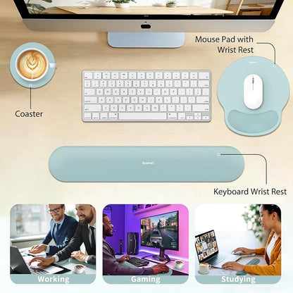 Sushret Mouse Pad and Keyboard Wrist Rest, 3-in-1 Gel Memory Foam Ergonomic Mouse Pad with Wrist Rest Set, Gaming Mousepad Arm Cushion Support for Computer Office Desk Accessories Cute, Seafoam Blue