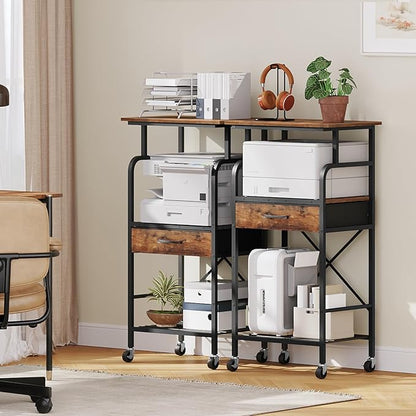 MAHANCRIS Tall Printer Stand, 3 Tier Printer Cart with Storage, Industrial Printer Table on Wheels, Adjustable Shelf & Fabric Drawer, for Home Office Study Rustic Brown PTHR5401