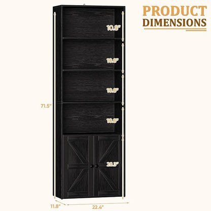 Furniwell Industrial Bookshelf and Bookcases with Doors Modern Bookshelf Cabinet Tall Book Shelves Storage for Home Office, Bedroom (Deep Black)