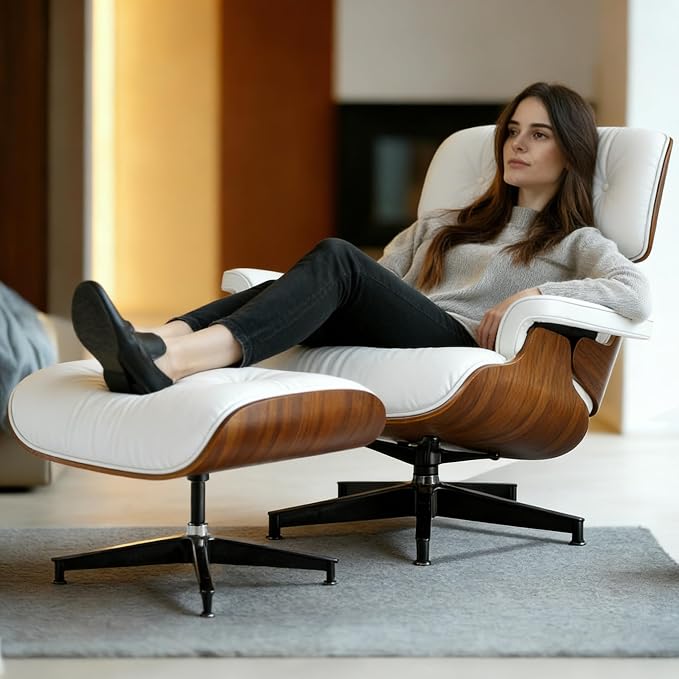 Mid Century Chaise Lounge Chair with Ottoman, Genuine Leather Reading Chair, Modern Chair Classic Design, Heavy Duty Base Support for Living Room Study Lounge Office,Tall Premium, Walnut White