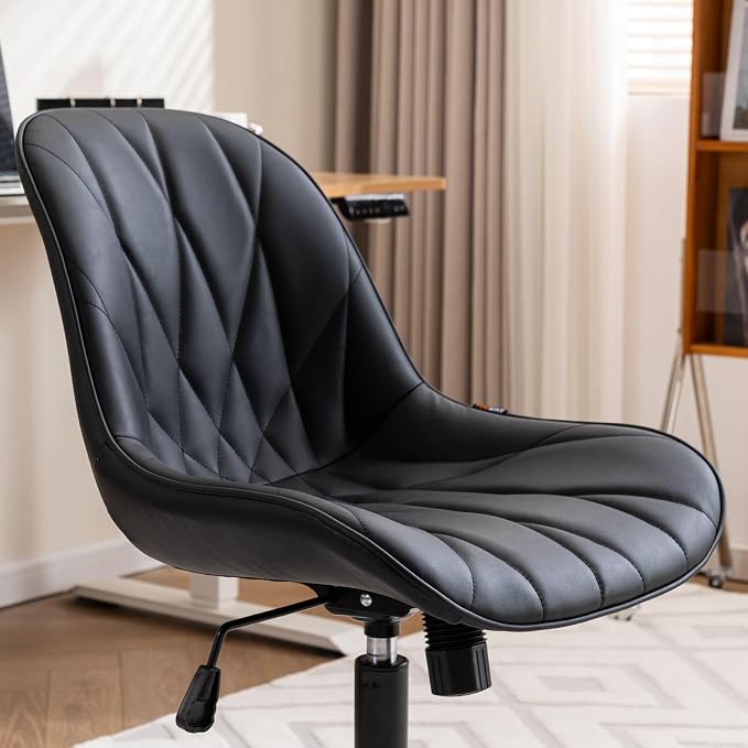 Rowill Modern Office Chair - Ergonomic Swivel Leather Desk Chair with Curved Backrest, Height Adjustable Rolling with Wheels, Perfect for Study Room & Office, Black