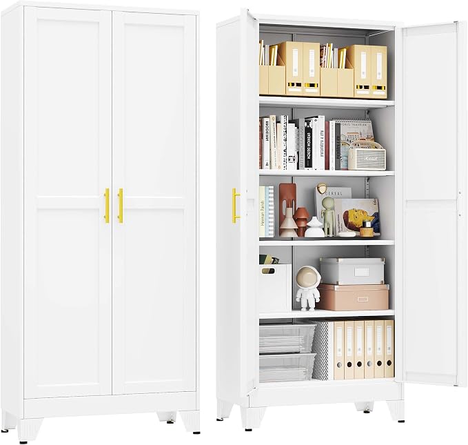 pozdeg 71" Tall Metal Storage Cabinet with 2 Doors & 4 Adjustable Shelves, Steel File Cabinet Multipurpose Organizer for Home Office Garage (White)