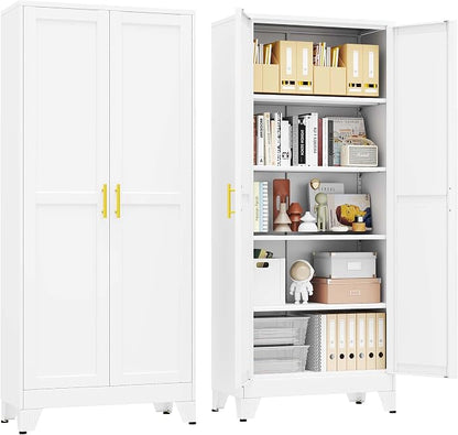 pozdeg 71" Tall Metal Storage Cabinet with 2 Doors & 4 Adjustable Shelves, Steel File Cabinet Multipurpose Organizer for Home Office Garage (White)