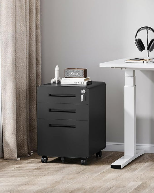 PEUKC 3 Drawer File Cabinet with Lock, Metal Under Desk Rolling Filing Cabinet fits Letter/Legal/A4 Size for Home Office,(Fully Assembled, Black)