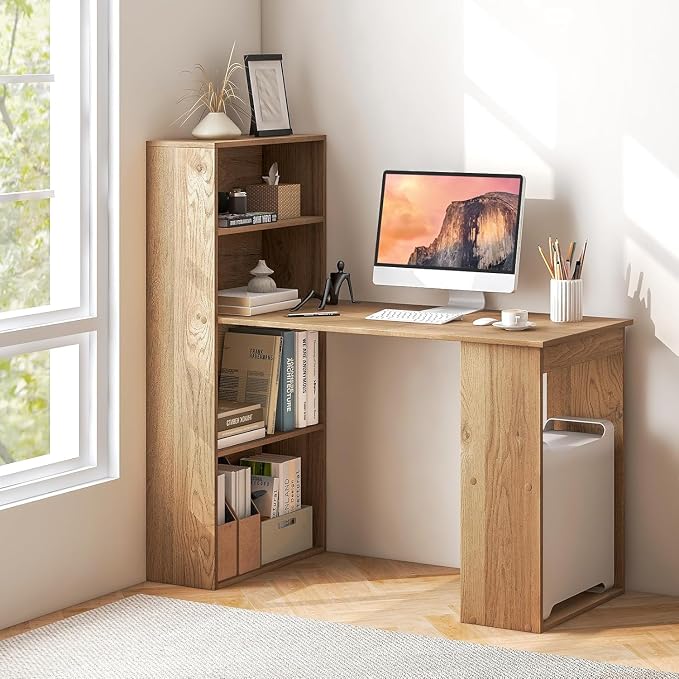 LDAILY Computer Desk with Bookshelf, 48” Modern Office Desk w/ 6-Tier Storage Shelves, CPU Stand, Wider Base, 3-in-1 Reversible Study Table, Writing Desk for Home Office, Bedroom, Study Room (Natural)