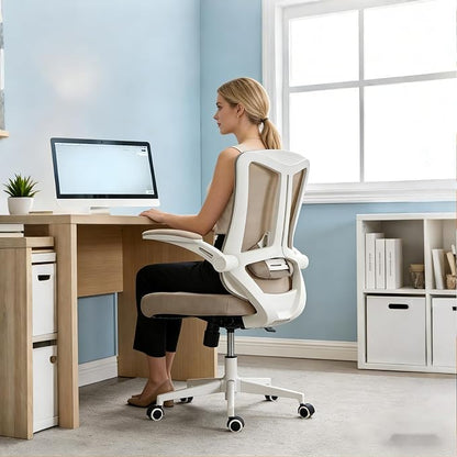 Ergonomic Office Chair with Adjustable Lumbar Support & Flip-Up Armrests - High Back Computer Desk Chair with Thickened Seat Cushion, Rolling Wheels for Home/Office Study Work (08khaki)