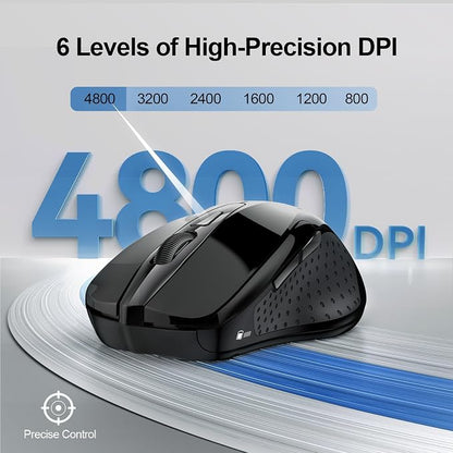 TECKNET Wireless Mouse (2.4G & BT5.0/3.0) Silent 4800 DPI Computer USB A & Bluetooth Mouse 6 Buttons, Wide Compatibility - Black