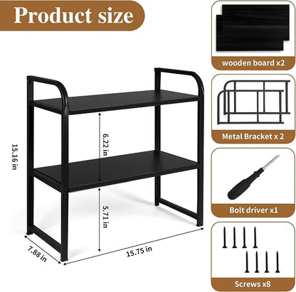 Desktop Shelf Organizer 2-Tier Office Desk Shelf for Top of Desk Wood & Metal Bookshelf Supplies Storage Rack (Black)