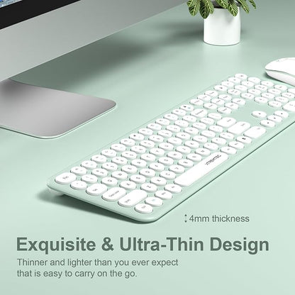 2.4GHz Full Size XTREMTEC Wireless Keyboard and Mouse Combo,Ultra Slim Silent Cute Aesthetic Retro Round Keycap,Cordless Quiet Green Keyboard and Mouse Wireless for Windows,Mac OS (Macaron Green)