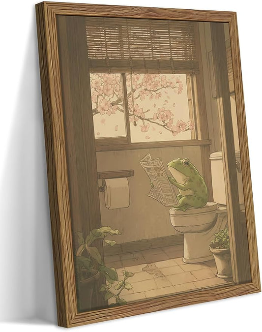 Framed Vintage Funny Bathroom Wall Art, Cute Frog Reading on Toilet Canvas Prints, Whimsical Japanese Style Animal Artwork, Retro Simple Wall Decor for Bathroom Bedroom Restroom 16x24in