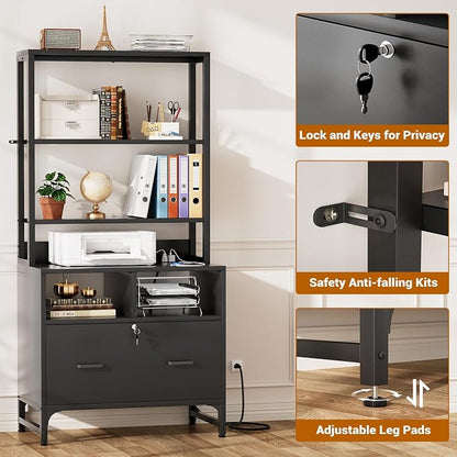 Homieasy File Cabinet with Charging Station, Vertical Filing Cabinet with Lock & Large Drawer, Printer Stand with Storage Shelves, Office Storage Cabinet fits Letter/A4/Legal Size, Black
